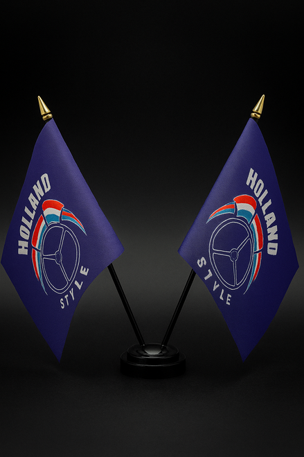 Holland Style Twin Table Flag – With Poles & Holder (28cm) Holland Style Twin Table Flag – With Poles & Holder (28cm)