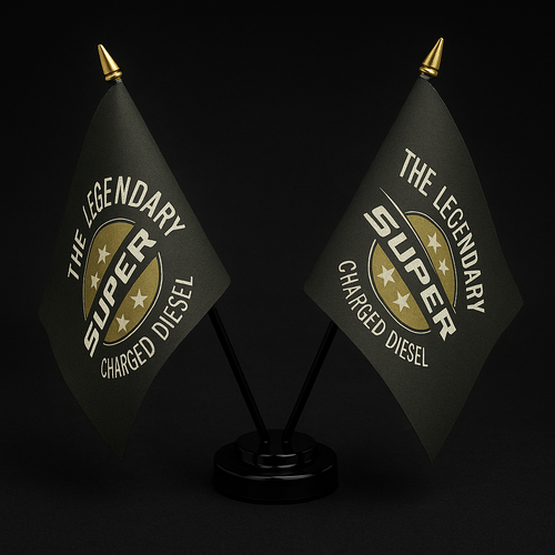 Super Charged Diesel Twin Table Flag – With Poles & Holder (28cm) Super Charged Diesel Twin Table Flag – With Poles & Holder (28cm)