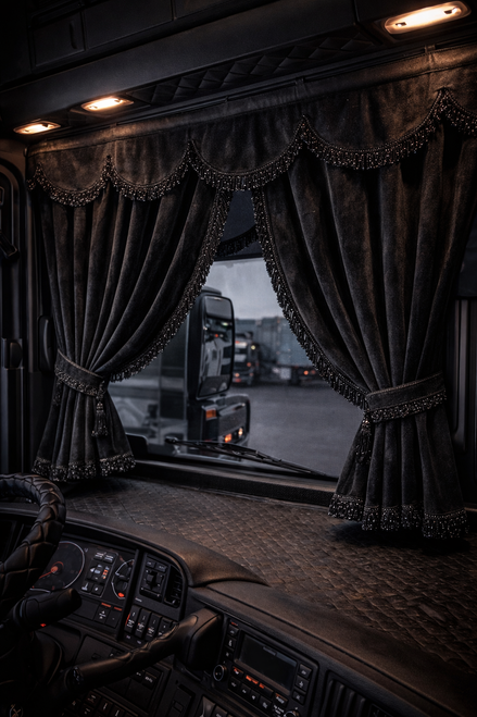 Custom Universal Side curtain ALCANTARA set new BLACK with 8cm white fringes & Pelmet