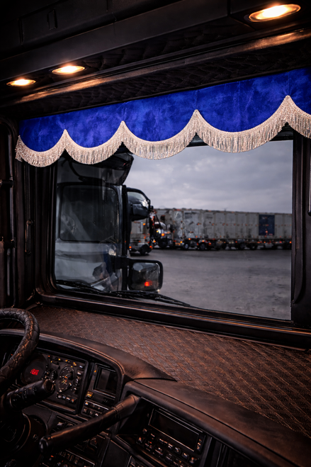 PELMET ALCANTARA new BLUE with 8cm white fringes & Velcro