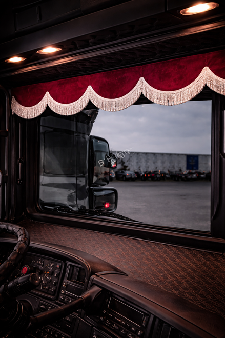 PELMET ALCANTARA new RED (MAROON) with 8cm white fringes & Velcro