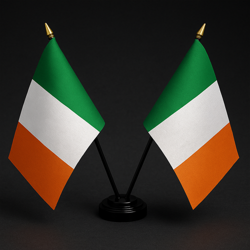 Irish Tricolour Twin Table Flag – With Poles & Holder (28cm) Irish Tricolour Twin Table Flag – With Poles & Holder (28cm)