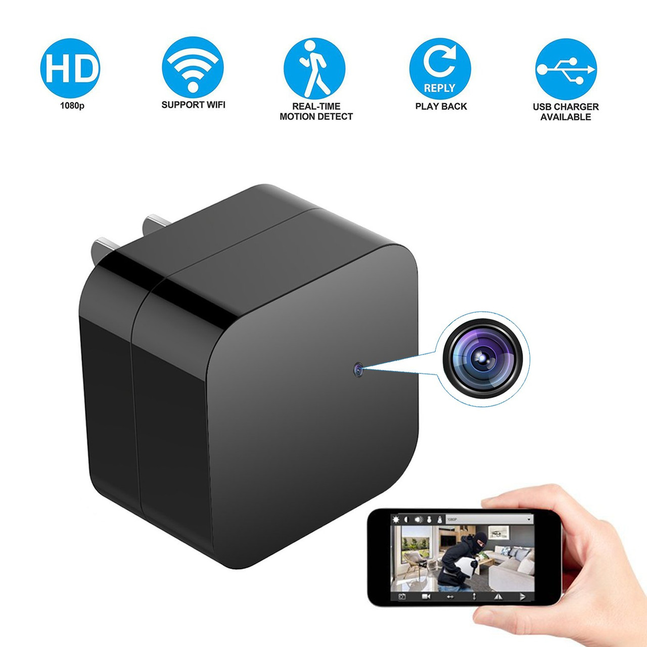 Wall Charger, WiFi Camera HD 1080P Remote View, Nanny Cam,USB Charger Camera  with Motion Detection Loop Recording for