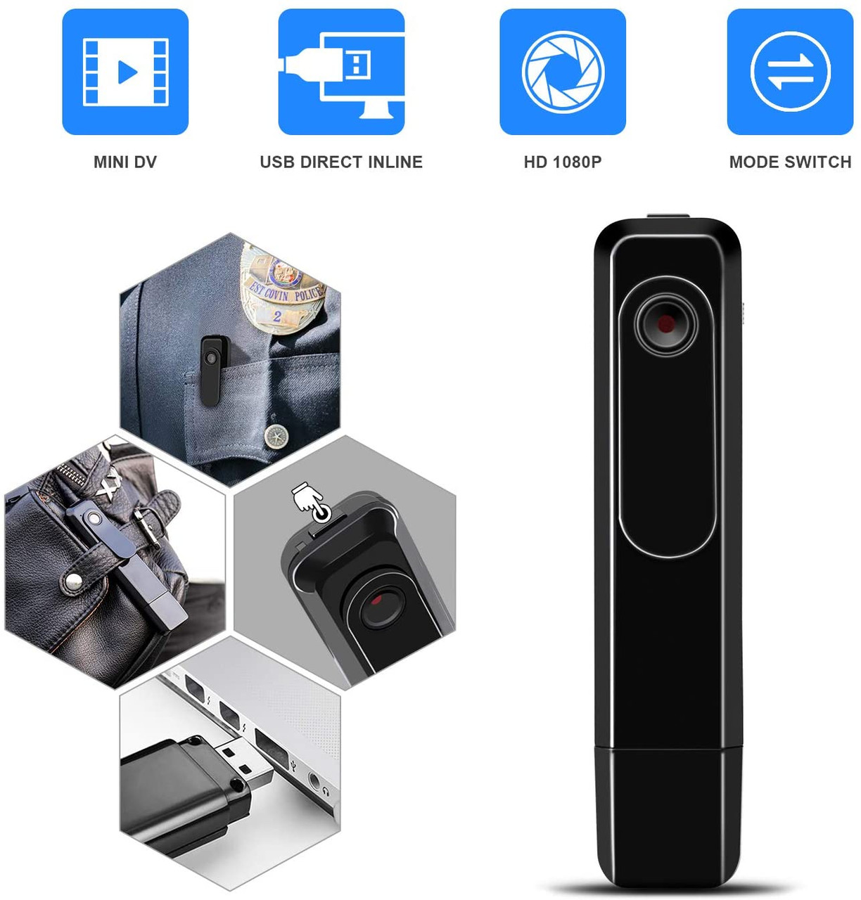 Mini Body Camera with USB Port Body Cam HD 1080P Portable Body