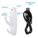 Built In DVR Clothes Hook Self Recording Camera with DVR 1280P HD, white clothes hook with camera features, video ON/OFF switch, reset button, indicator light, and a charge/USB cable for connectivity.