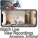 Csc Electronics Hard Wired Duel Camera Dummy Smoke Detector Nanny Security Camera Dvr with Wireless Streaming Video for iPhone, Tablet and More, showing a person using a smartphone to view live security footage on a large screen.