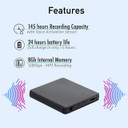 Gio Enterprises Slimmest Voice Activated Recorder with 145 Hours Recording Capacity, MP3 Records, 24 Hours Battery Time, Metal Case, shown with features and a compact black design