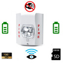 Atlantic Electronics Battery Powered White Fire Strobe Light Battery Power Surveillance Camera (30 Day Battery), compact white fire alarm strobe light with no Wi-Fi, SD card slot, 720p HD resolution, and battery power for surveillance.