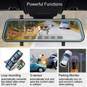 Custom Wifi Mirror Dash Camera for Cars - 10'' Backup Camera 1080P Dual Dash Cam Front and Rear Stream Media Touch Screen DVR with Sony IMX307 G-Sensor Parking Monitor 32 GB SD Card, overview of the dual-lens dash camera displaying front and rear cameras with features like loop recording, G-sensor, and parking monitor.