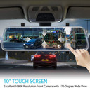 Custom Wifi Mirror Dash Camera for Cars - 10'' Backup Camera 1080P Dual Dash Cam Front and Rear Stream Media Touch Screen DVR with Sony IMX307 G-Sensor Parking Monitor 32 GB SD Card, image showing a car's rearview mirror with a built-in touchscreen displaying a wide-angle view of city traffic and a finger pointing at the screen.