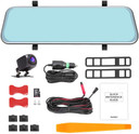 Custom Wifi Mirror Dash Camera for Cars, 10-inch dual dash cam with 1080P resolution, front and rear cameras, touch screen media DVR with Sony IMX307 sensor, G-sensor, parking monitor, includes 32 GB SD card, with various mounting accessories and power cables.