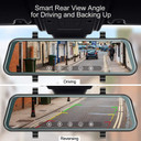 Custom Wifi Mirror Dash Camera for Cars - 10'' Backup Camera 1080P Dual Dash Cam Front and Rear Stream Media Touch Screen DVR with Sony IMX307 G-Sensor Parking Monitor 32 GB SD Card - image showing the dash camera with smart rear view angle for driving and backing up with color-coded parking assist guidelines.