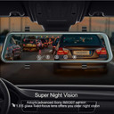 Custom Wifi Mirror Dash Camera for Cars - 10'' Backup Camera 1080P Dual Dash Cam Front and Rear Stream Media Touch Screen DVR with Sony IMX307 G-Sensor Parking Monitor 32 GB SD Card, image of the mirror dash camera mounted inside a car showing a live view of traffic behind the vehicle during dusk.