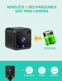 Custom WiFi Mini Camera, compact black wireless security camera with night vision, motion detection, rechargeable 500mAh battery, suitable for home security.