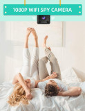 Custom Wifi Mini Camera, WiFi Wireless Security Camera, 1080P HD Small Home Security Camera Night Vision, Motion Detection, Rechargeable, in use to monitor a bedroom with two people relaxing on a bed