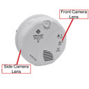 CSC Electronics Hard Wired Duel Camera Dummy Smoke Detector WiFi Surveillance Camera with Night Vision, front and side camera lenses, smoke and wireless indicators.