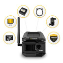 Custom Wifi Vosker TE Cellular Security Camera, outdoor solar-powered wireless surveillance camera with weather-resistant IP65 design, LTE connectivity, and mobile app photo alerts, accompanied by accessories including a SIM card, micro SD card, antenna, power cable, and mounting hardware.