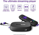 Csc electronics 4K UHD WiFi Roku Player Security Camera + DVR Live View Remote Monitoring, black Roku device with purple accents and remote control with channel shortcut buttons and streaming app buttons.