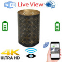 Csc Electronics Candle Holder with 4K UHD WiFi Security Camera Inside and 20-Hour Battery, black candle holder with intricate cut-out design, compatible with smartphone app for live camera monitoring and wireless connectivity.