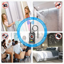 RF Detector & Camera Finder, Bug Detector, Upgraded RF Signal Detector, LNYOSN GSM Tracking Device for Wireless Audio Bug, showing a professional RF bug detector scanning different rooms including a dressing room, bathroom, meeting room, and bedroom for hidden cameras and tracking devices.