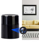 1080P HD Bluetooth Speaker WiFi Hidden Security Camera, black smart speaker with built-in camera for home security and wireless connectivity.