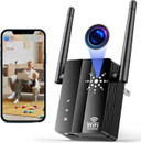 1080P Wireless WiFi Spy Camera, Mini Covert Video Camera with Motion Detection for Home Indoor Security, compact black device with dual antennas and WiFi repeater feature, connected to a smartphone showing live surveillance footage.