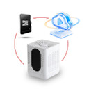 WiFi Live Streaming Voice with Long Lasting Battery, product image showing a white device with vents, a cloud-shaped speaker, and a microSD card for recording and streaming audio.