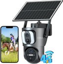 4G Cellular Security Camera【Dual Lens】 Outdoor with SIM Card, 14400mAh 2K HD Wireless Solar 4G LTE Camera, PTZ Motion Det detection Spotlight Siren TF Cloud Storage - outdoor security camera with solar panel and mobile phone display showing live footage.