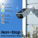 2K Solar Camera Outdoor Wireless-2.4Ghz WiFi Cameras for Home Security, Continuous Power, Color Night Vision, SD Card/Cloud Storage, Waterproof, Compatible with Alexa/Google Home S1, mounted on an exterior wall with solar panel and highlighting features.