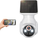 Solar-Powered 1080p Battery Camera, security cameras wireless outdoor for home surveillance, with AI human detection, cloud storage (sold separately), and 2.4G WiFi only, showing a person viewing live footage on a smartphone.