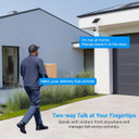 Product: Solar-Powered 1080p Battery Camera, Security Cameras Wireless Outdoor for Home Surveillance, AI Human Detection, Cloud Storage (Sold Separately), 2.4G WiFi Only. The image shows a person walking up to a modern house holding a delivery package, with a solar-powered security camera mounted on the exterior wall, featuring a chat icon indicating two-way communication and text bubbles for visitor interaction.