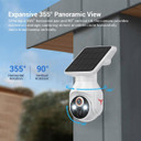 Solar-Powered 1080p Battery Camera, outdoor security camera mounted on a wall with a solar panel on top, featuring 355° horizontal and 90° vertical rotation for extensive home surveillance.