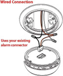 Csc Electronics Hard Wired Dummy 4K UHD Smoke Detector WiFi Surveillance Camera DVR with Wireless Streaming Video for iPhone, Tablet, and More, showing the product's wiring and installation setup with alarm connector usage.