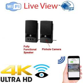 Csc Electronics 4K UHD Computer Speakers with WiFi Nanny Security Camera DVR, wireless streaming video for PC and tablet, featuring pinhole camera and live view monitoring.