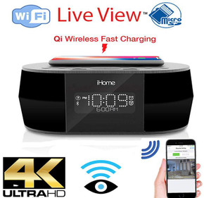 Csc electronics 4K UHD iHome Clock Radio Security Camera W/ Live View WiFi + Dvr and Streaming Video for PC, Tablet & more, features a digital clock display, WiFi connectivity, and a remote camera view on smartphone.