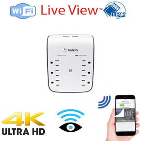 Csc electronics 4K UHD Outlet Surge Protector WIFI Security Camera with live view, HD streaming, and DVR, depicted with a power socket and a smartphone showing live camera footage.