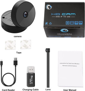 Gio Enterprises Wifi Camera 2 Lens HD 1080P Portable Camera with Audio, Mobile App, and Motion Detection Alarm, showing the camera, packaging box, lens, user manual, card reader, charging cable, and tape for installation. Gio Enterprises Wifi Camera 2 Lens HD 1080P Portable Camera with Audio, Mobile App, and Motion Detection Alarm, showing the camera, packaging box, lens, user manual, card reader, charging cable, and tape for installation.
