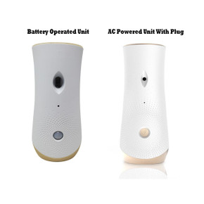 Csc Electronics 4K UHD WIFI Air Freshener Security Camera with Live Streaming Video, two versions featuring battery operated and AC powered units, white design with sensor and camera lens. Csc Electronics 4K UHD WIFI Air Freshener Security Camera with Live Streaming Video, two versions featuring battery operated and AC powered units, white design with sensor and camera lens.