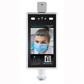 Kjb Security Body Temperature Scanner Camera, a monitory device with a display screen showing a woman wearing a face mask, temperature reading, and recognition interface useful for security and health screening.