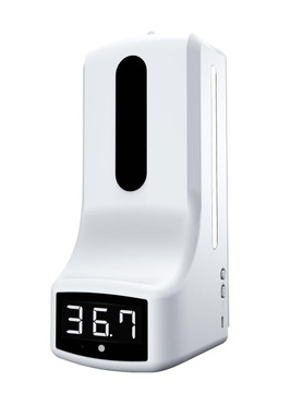 Kjb Security Touchless Thermometer with Hand Sanitizer Station, contactless temperature scanner with digital display of 36.7°C.