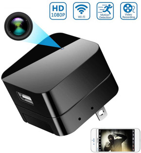 Gio Enterprises USB AC Adapter Phone Charger Security Camera - Video Only, black security camera with HD 1080P video, Wi-Fi connectivity, motion detection, and video recording features.