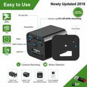 Gio Enterprises HD 1080P USB Plug Wall Charger Self Recording Surveillance Camera with SD Card Recording, compact black design, portable security camera for discreet monitoring, no WiFi required.