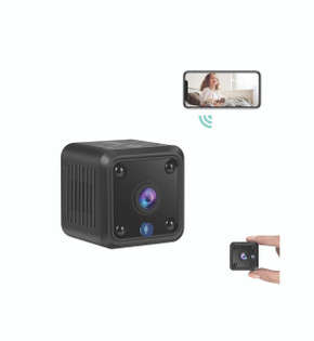 Custom Wifi Mini Camera, WiFi Wireless Security Camera, 1080P HD Small Home Security Camera with Night Vision, Motion Detection, Rechargeable, compact black security device with wide-angle lens, shown connected to a smartphone for remote monitoring.