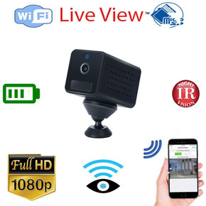 Custom Wifi 1080P HD WiFi Camera PIR 90-Days Standby Low Power Consumption Motion Detection Video Recorder Night Vision and Audio, black compact surveillance camera with night vision and remote viewing on smartphone.