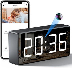 Gio Enterprises Clock WiFi Security Camera with 140 Degree Wide Angle Lens and Night Vision, digital clock display, and smartphone control. Gio Enterprises Clock WiFi Security Camera with 140 Degree Wide Angle Lens and Night Vision, digital clock display, and smartphone control.