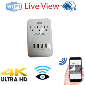 Csc electronics UHD 4K White Surge Protector Outlet Tap USB Charger Hidden Security Nanny Camera, with WiFi connectivity and live view monitoring on smartphone.