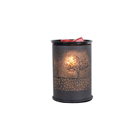 Csc electronics Wax Warmer With 4K UHD WiFi Security Camera Inside, fully functional, stylish candle warmer with intricate tree design illuminated with warm light.