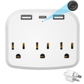 4K UHD HD Wall Outlet / Charger with WiFi Security Camera, sleek white smart power strip with multiple outlets and USB ports, featuring a discreet built-in security camera for home surveillance.
