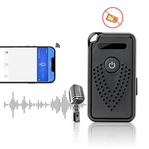 Mini Wi-Fi Audio Recorder, compact digital recording device with built-in speaker and microphone, connected to a smartphone showing recording interface, with no SIM card depicted.