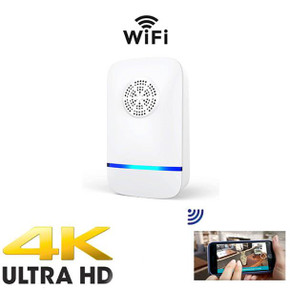 4K UHD WiFi Security Dummy Camera with Insect Repellent, modern white security camera device with speaker grille and wireless connectivity indicator.